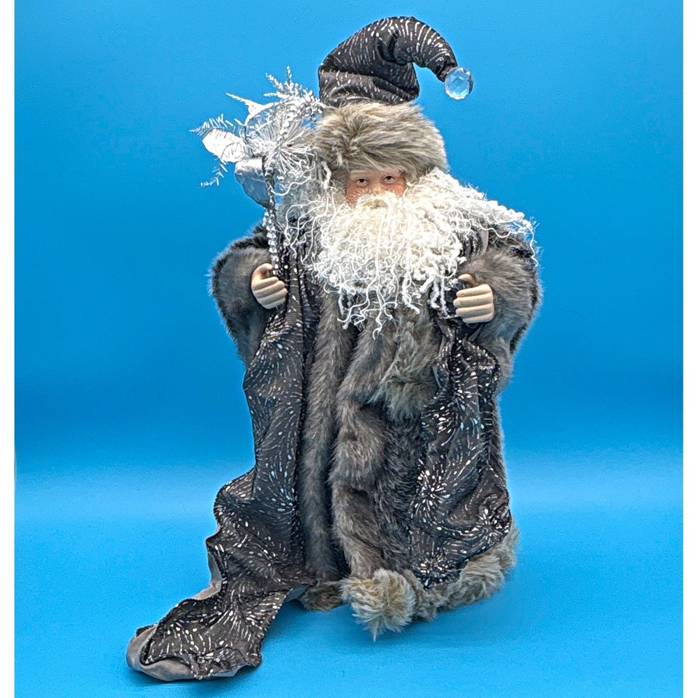 Kurt Adler Kringle Klaus Silver Santa 18" Figurine KK0040 Grey Fur Crystal Staff